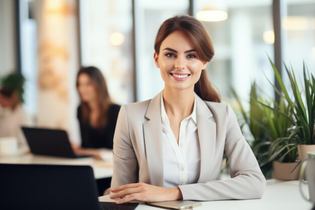 segretaria di bellezza sorridente che lavora su un portatile in ufficio sullo sfondo