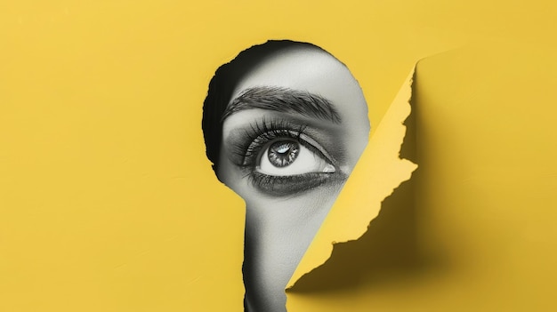 Segreti nascosti Occhio femminile che guarda attentamente nel buco della chiave contro uno sfondo giallo Contemporaneo