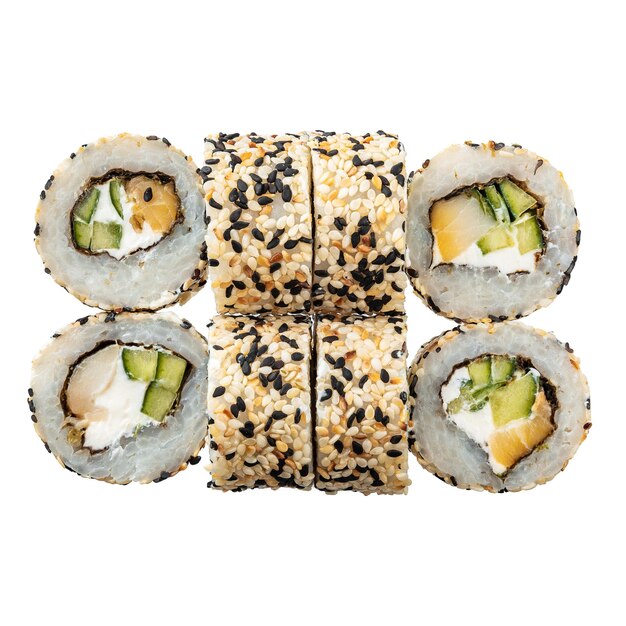 Sei di Sushi roll su sfondo bianco Primo piano di delizioso cibo giapponese con sushi roll