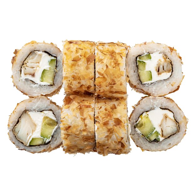 Sei di Sushi roll su sfondo bianco Primo piano di delizioso cibo giapponese con sushi roll