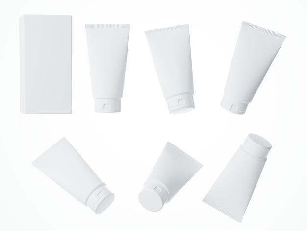 Sei diverse viste del tubo di crema cosmetica in plastica con scatola isolata su sfondo bianco Confezione e marchio del prodotto per la cura del rendering 3D