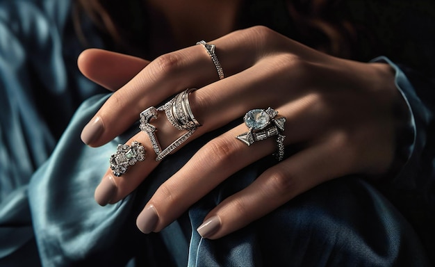 Sei gioielli con diamanti sono mostrati sulle mani di una donna