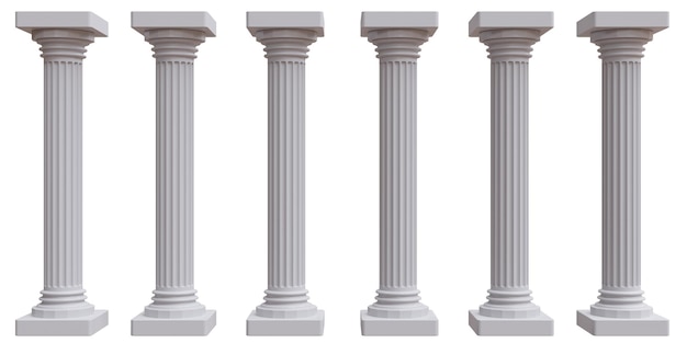 Sei pilastri di ordine dorico in marmo colonne greco antico isolato su sfondo bianco