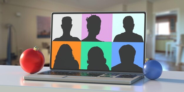 Sekelompok orang di layar laptop latar belakang rumah yang dihiasi Natal Konsep konferensi video ilustrasi 3d