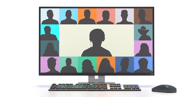 Sekelompok orang di monitor komputer terisolasi pada latar belakang putih Konsep konferensi video ilustrasi 3d