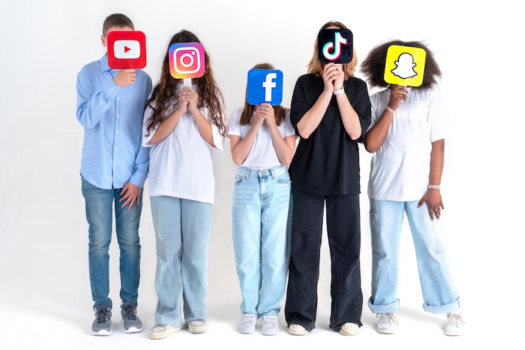 Photo sekelompok remaja multi-etnis dengan panjang penuh memegang logo tiktok facebook youtube snapchat instagram