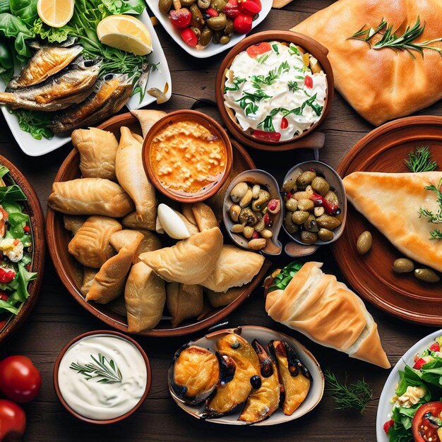 Selezione di cibo greco tradizionale insalata meze torta di pesce tzatziki dolma su fondo di legno vista dall'alto