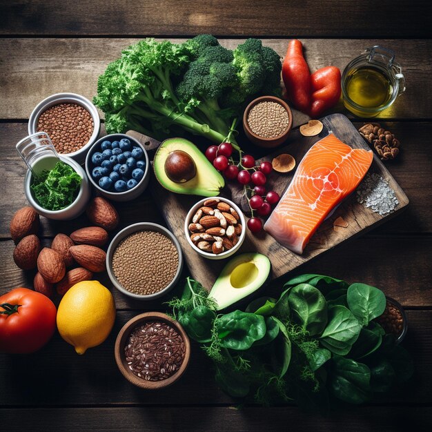 Selezione di cibo sano su fondo di legno rustico