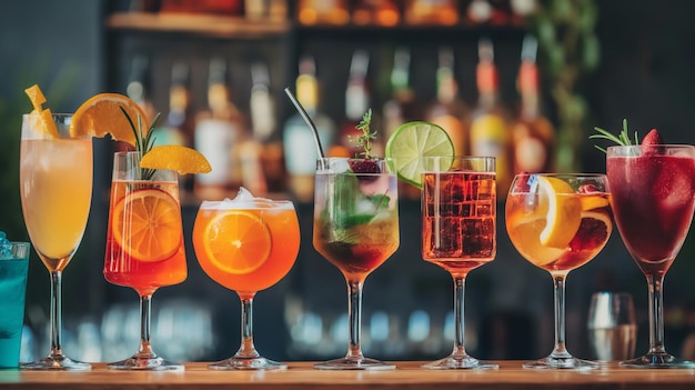 selezione di cocktail colorati disposti su un bancone del bar