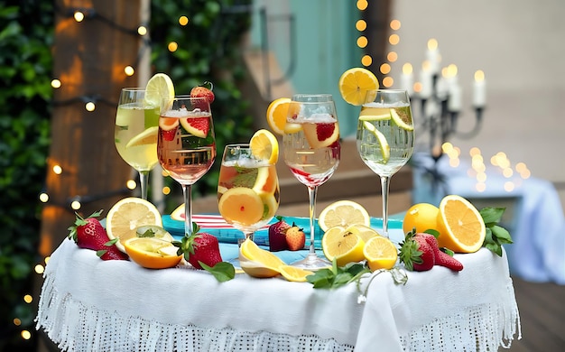 Selezione di cocktail di vino spritzer misto con frutta nel bar all'aperto