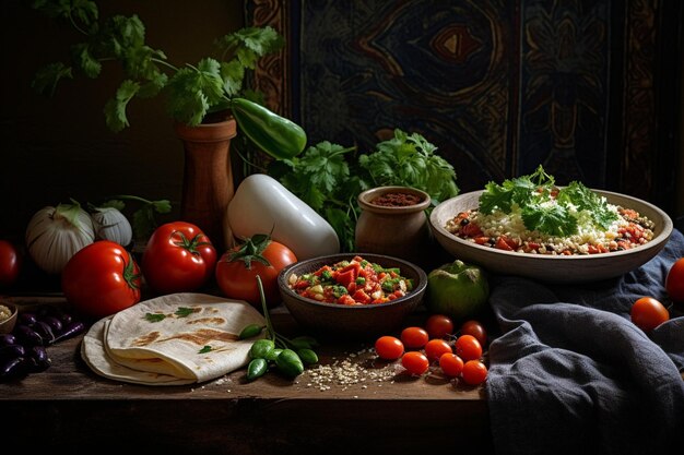 Selezione di deliziosi piatti messicani con carne e verdure