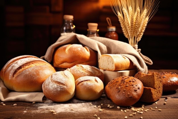 Selezione di pane cotto sul tavolo di legno