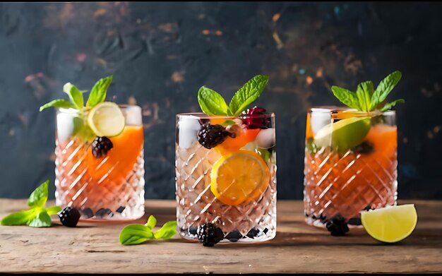 Selezione di tre tipi di gin tonic con mirtilli con arancione con lime e foglie di menta in bicchieri su uno spazio di copia di fondo in legno rustico