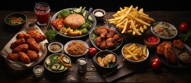 Selezione fast food su tavolo di legno Patatine fritte pepite di pollo fritto hamburger patatine fritte verdure e salse
