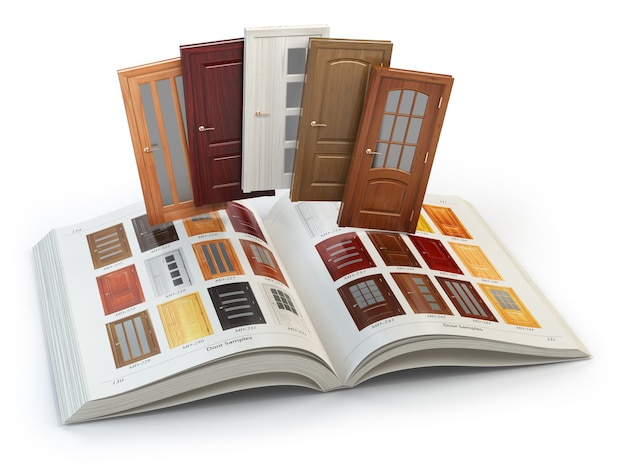 Selezione o porte in legno a catalogo con campionario. Interior design e concetto di costruzione. illustrazione 3D