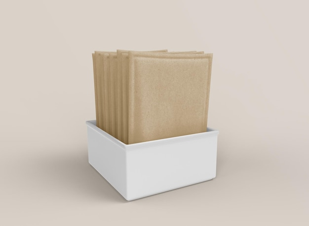 Self Box con bustine Kraft Mockup. Scatola auto isolata con bustine. rappresentazione 3d