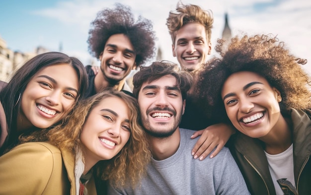 Selfie a retroilluminazione Amici multiculturali a Barcellona