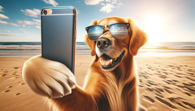 Selfie del cane sulla spiaggia