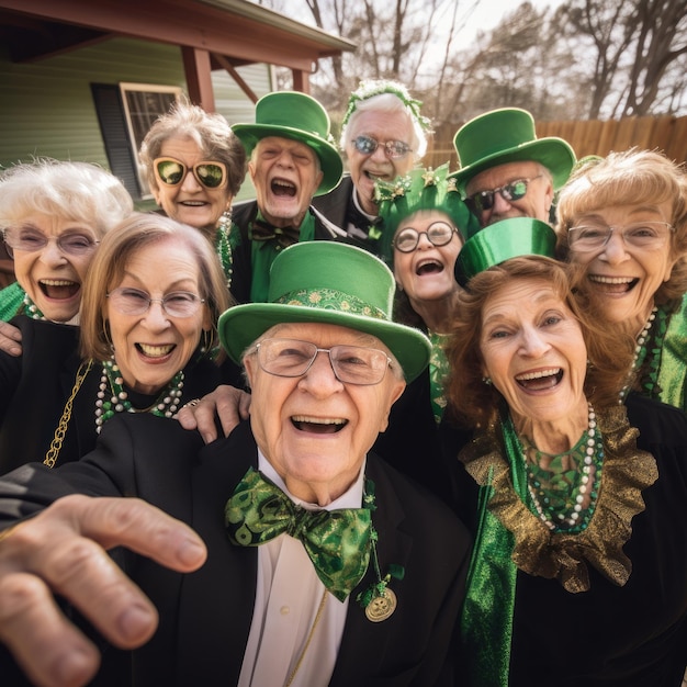 selfie di anziani in abiti verdi che festeggiano il giorno di Patricks