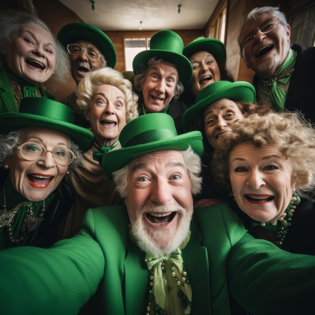 selfie di anziani in abiti verdi che festeggiano il giorno di Patricks