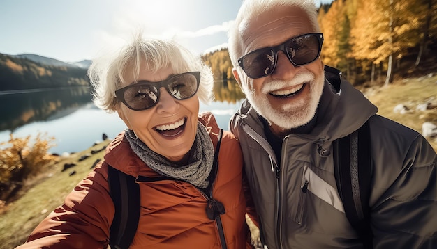 selfie di coppia senior che si rilassa durante il viaggio autunnale sul lago