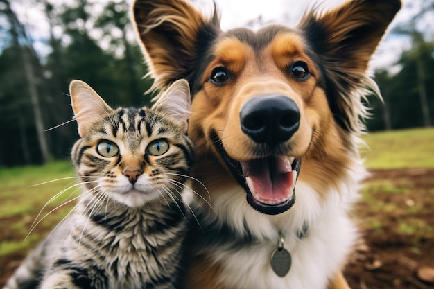 Selfie di simpatico gatto e cane sul prato del parco