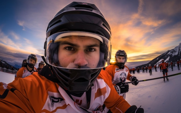 Selfie di un giocatore di hockey sul campo con la squadra