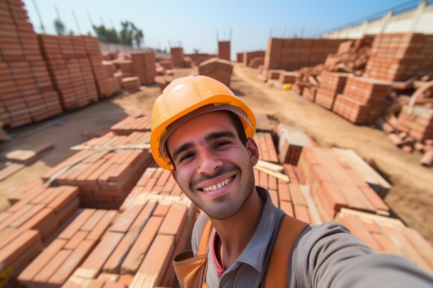 Selfie di un operaio con un casco duro davanti al lavoro di muratura