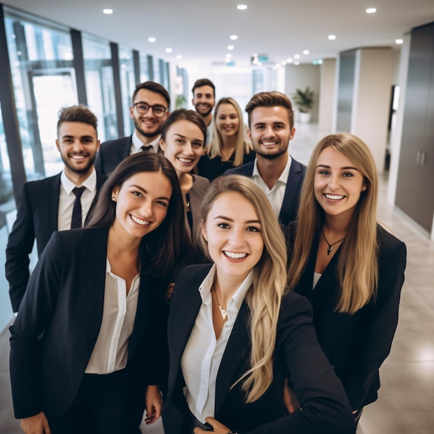 selfie di un team di lavoratori professionali in ufficio vestito da professionista sorridente