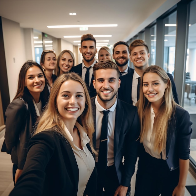 selfie di un team di lavoratori professionali in ufficio vestito da professionista sorridente