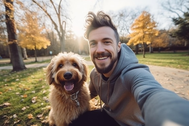 Selfie di un uomo con un cane nel parco AI generativa