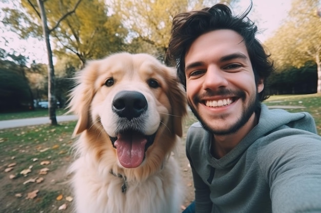 Selfie di un uomo con un cane nel parco AI generativa