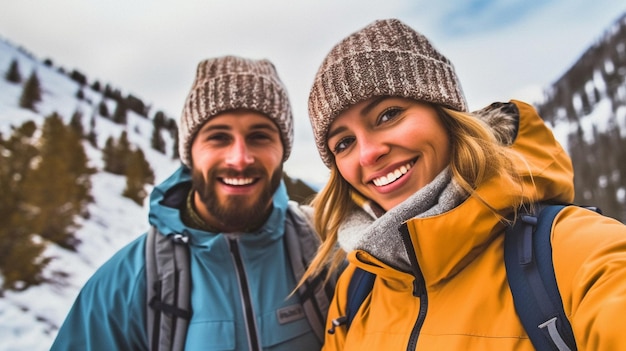 Selfie di una coppia in escursione in montagna durante l'inverno L'intelligenza artificiale generativa