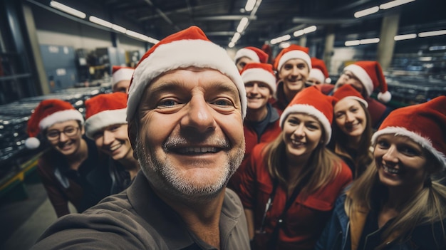 Selfie di volontari felici o lavoratori in magazzino che indossano berretti natalizi sorridenti