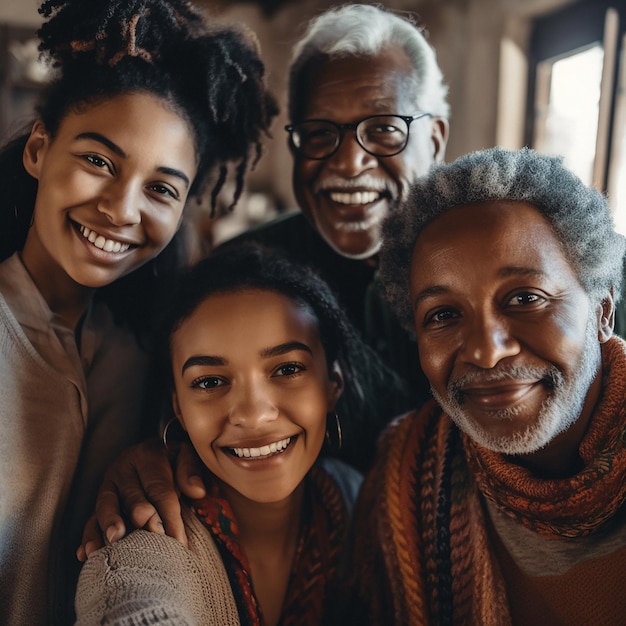 selfie e ritratto di famiglia nera con il sorriso a casa con l'app futuristica di arte digitale