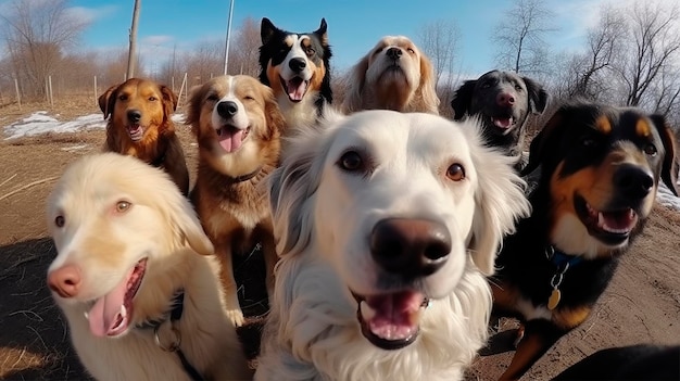 Selfie Gruppo di cani di razze diverse Un gruppo di cani carini posano per un selfie Ai generativo