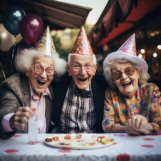 Selfie nella casa di cura Anziani sorridenti molto felici Giovani e anziani Festa di compleanno Celebrazione Illustrazione AI generativa