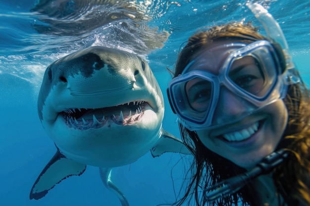 selfie realistico di un affascinante Influencer sorridente con un grande squalo divertente