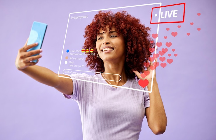 Foto selfie sorridente e donna sui social media live streaming e overlay di emoji d'amore in studio isolato su uno sfondo viola fotografia felice e foto di profilo dell'influencer su internet per la revisione