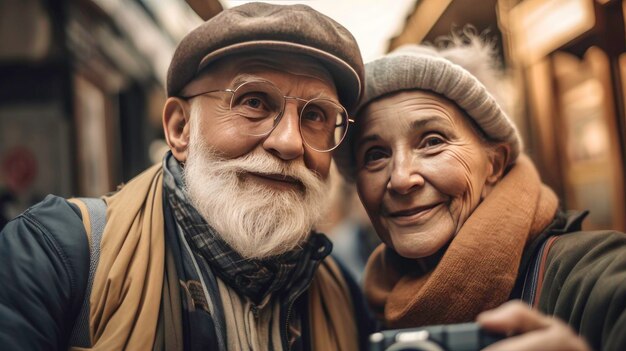 Selfie Time Un'immagine generata dall'intelligenza artificiale di un uomo e una donna anziani che si godono la vacanza