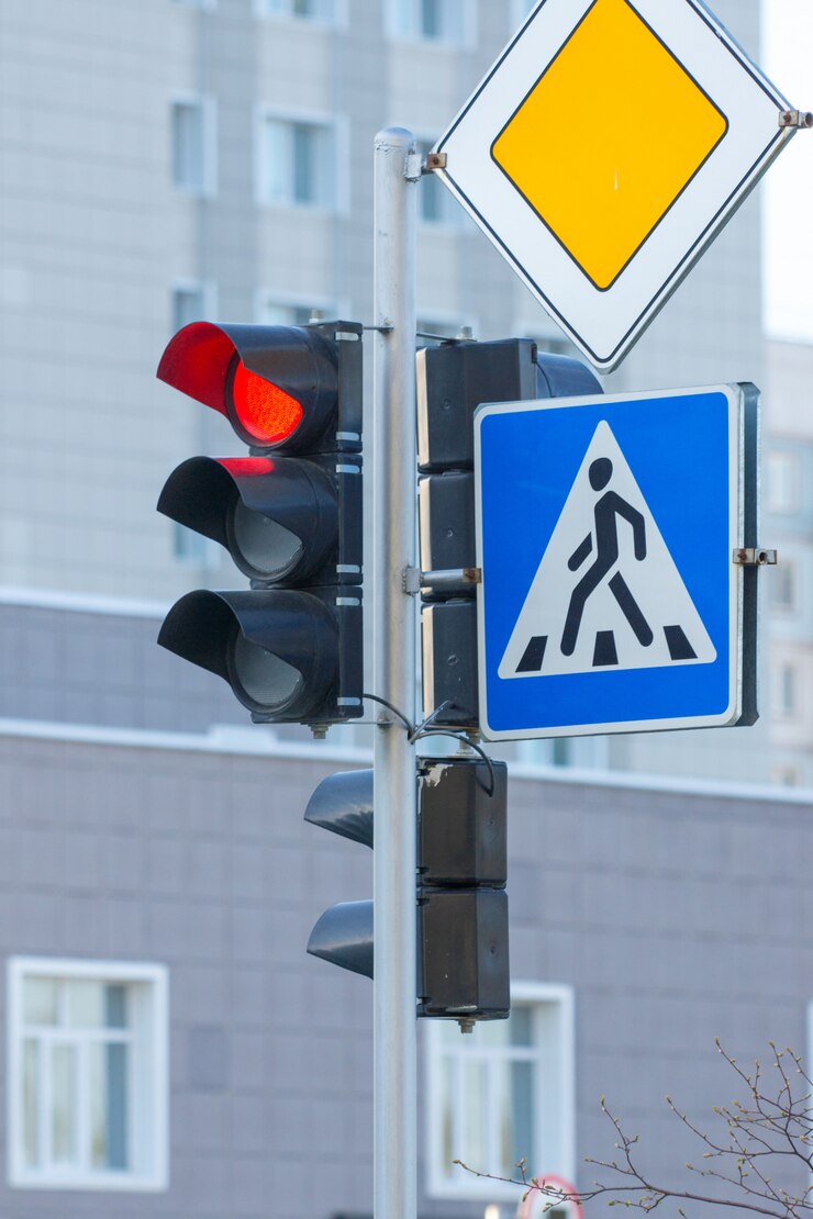 Semaforo rosso, attraversamento pedonale e segnali stradali principali