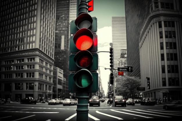 Semaforo rosso con vista sulla trafficata strada cittadina e sul vivace traffico dell'ora di punta