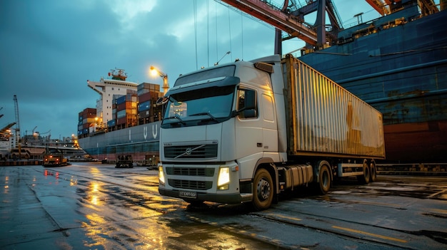 Semi camion che trasporta un container al crepuscolo in una zona portuale