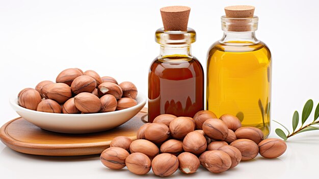 Semi di argan e olio isolati su sfondo bianco