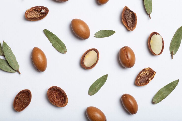 Semi di argan isolati su uno sfondo bianco noci di olio di argan con cosmetici vegetali e oli naturali