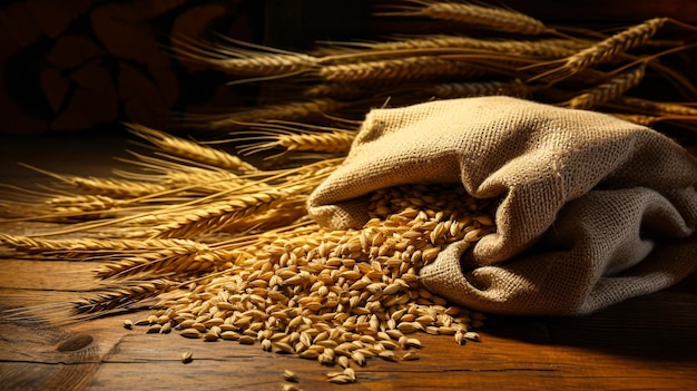 Semi di grano che escono da sacchi di iuta IA generativa