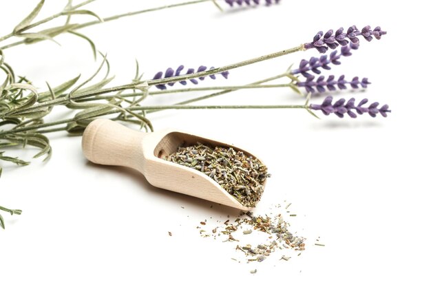 Semi di lavanda su un cucchiaio di legno e su sfondo bianco