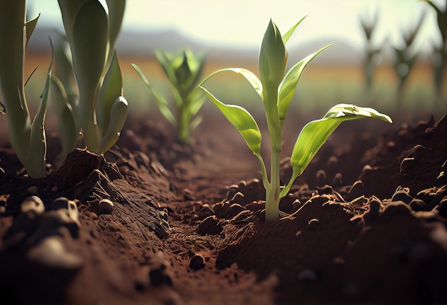 Semi di mais che crescono nel suolo Concetto di agricoltura e agricoltura rigenerativa ai