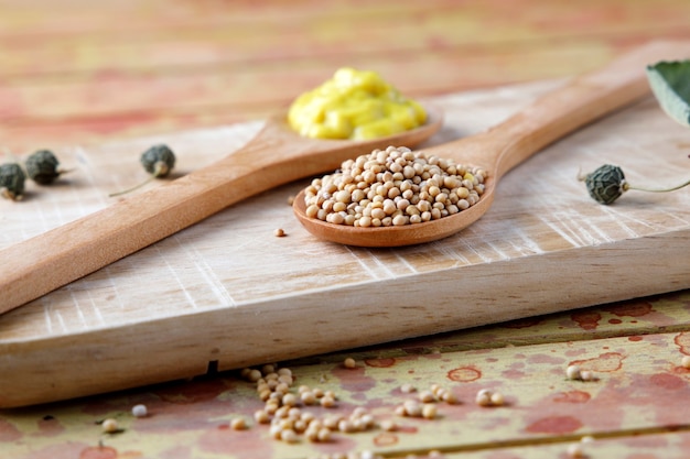 Semi di senape e salsa in cucchiai di legno e foglie verdi secche sul tavolo di legno