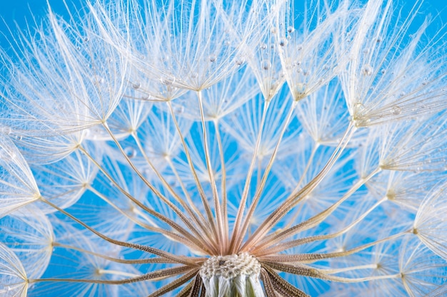 Semi di tarassaco close up che soffia in sfondo blu